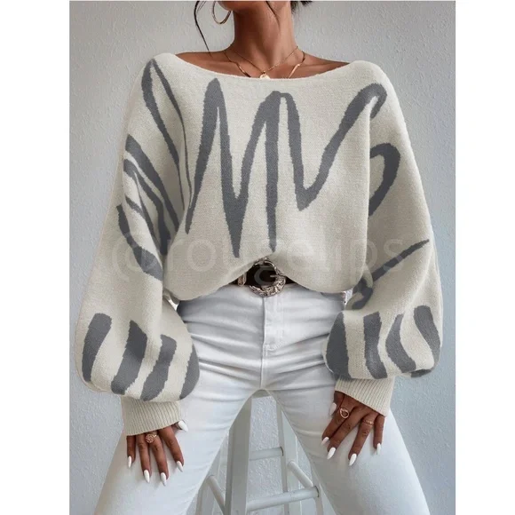 Knit Graphic Pullover Sweater Dirty Beige Grey Bishop Sleeve - Picture 6 of 10